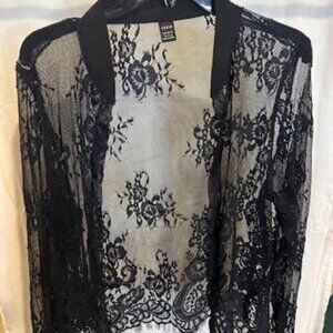 SHEIN Black Lace Kimono Cardigan – Sheer Floral Mesh, Open Front, Size L